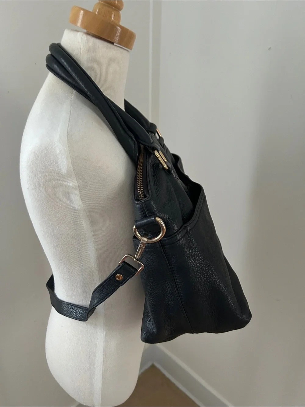 Calvin Klein Black Pebbled Leather Satchel with Gold Hardware